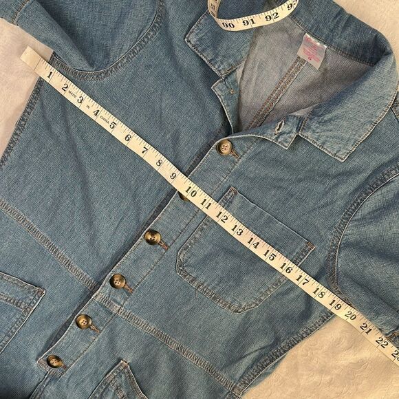 Denim Short Sleeve Button-Up Jumpsuit Stretch Jogger Style - Picture 6 of 11